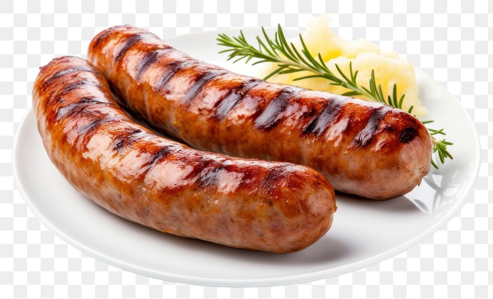 PNG Grilled German pork sausages bratwurst grilled plate. 