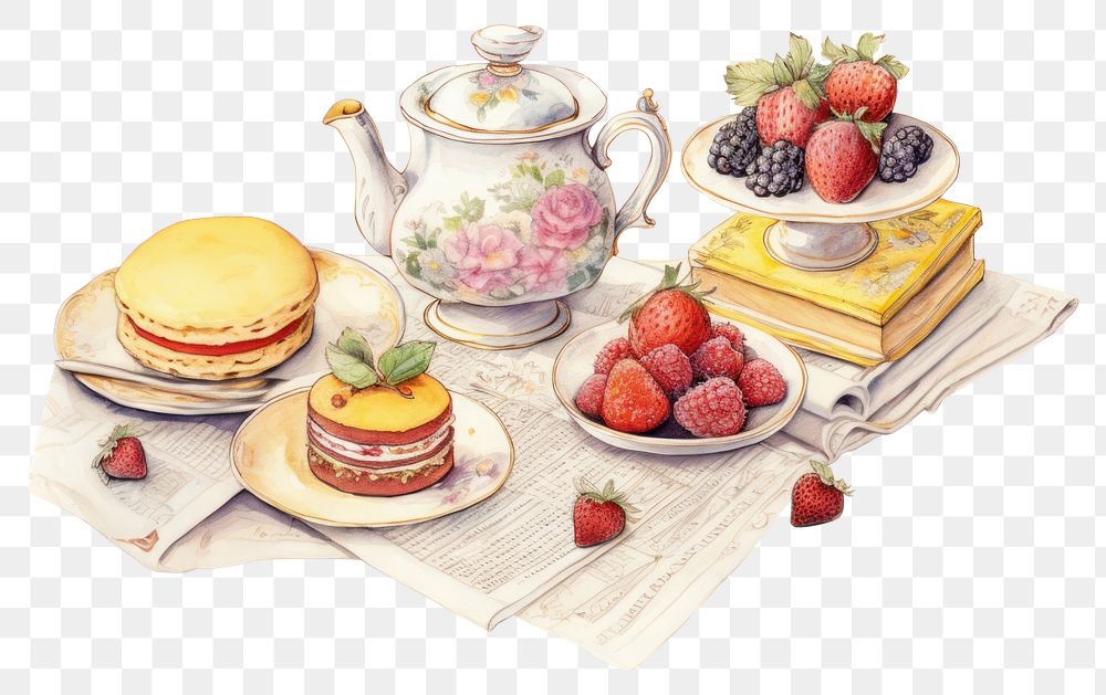 PNG Afternoon tea party drawing teapot berry. AI generated Image by rawpixel.