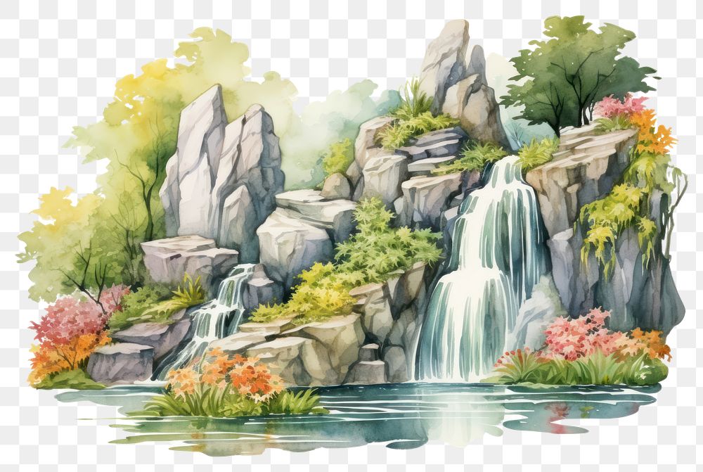 PNG Waterfall painting outdoors nature. AI generated Image by rawpixel.