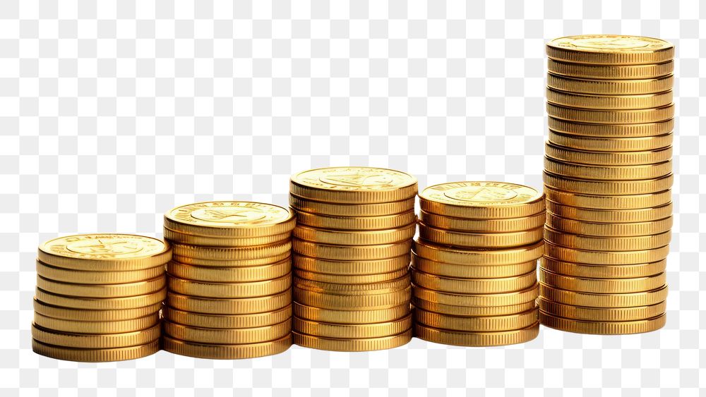PNG Golden coins stacks gold money white background. AI generated Image by rawpixel.