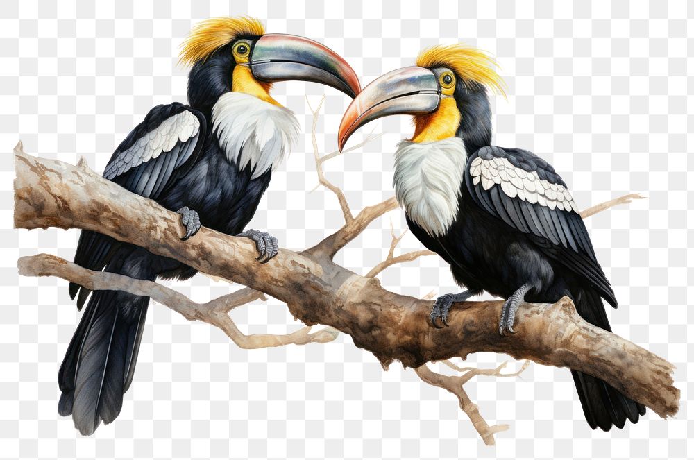PNG Colourful Knobbed hornbill Aceros cassidix couple toucan animal branch. AI generated Image by rawpixel.
