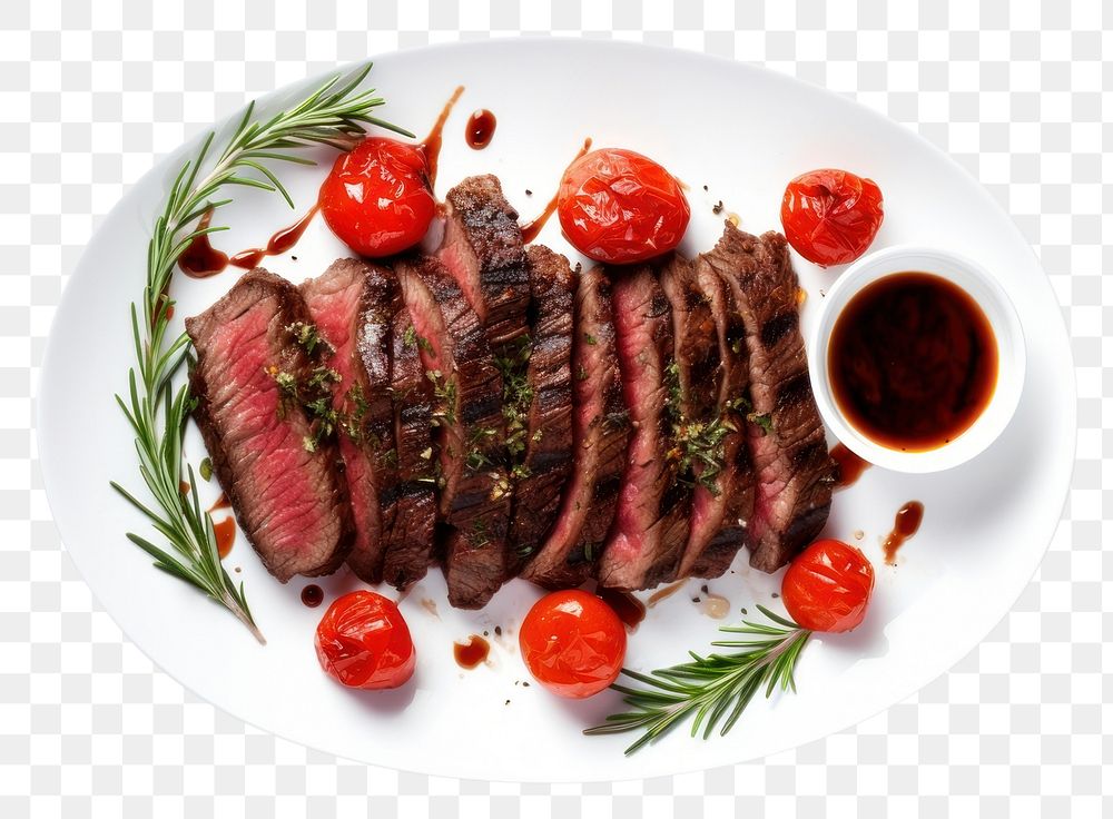 PNG Grilled Sliced Beef Steak plate beef rosemary. 