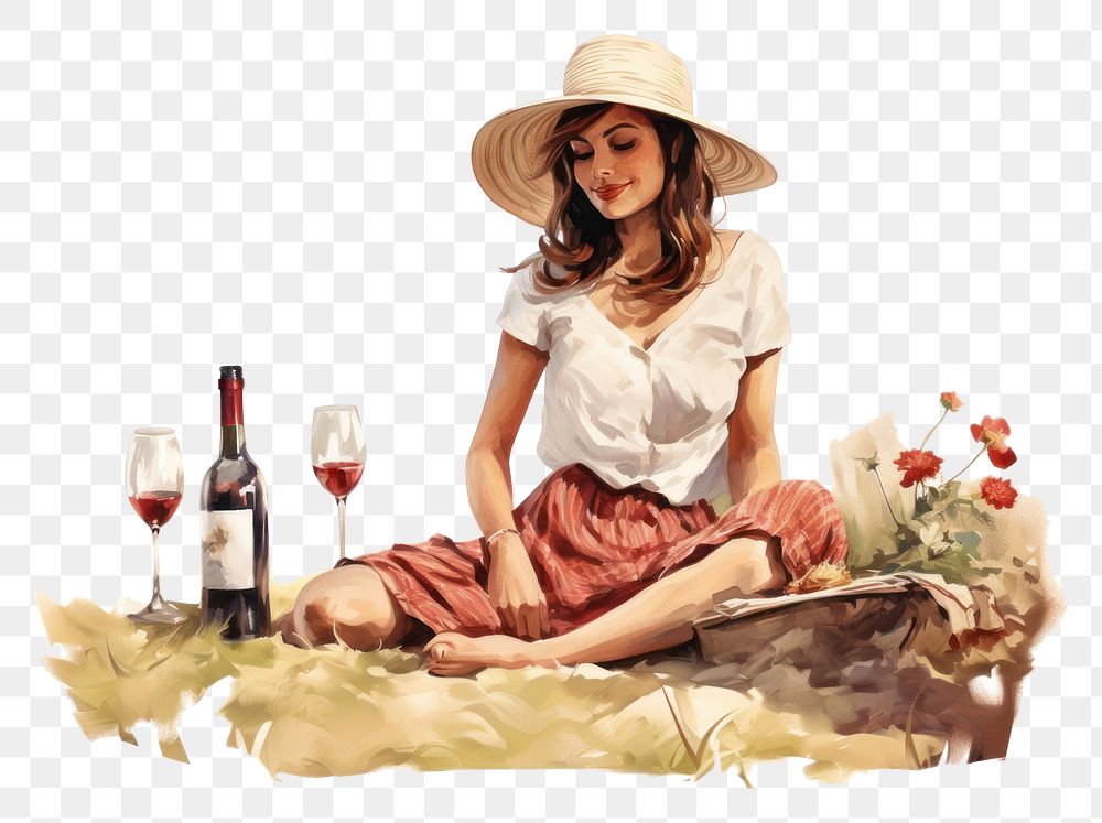 PNG Girl drinking wine picnic sitting adult refreshment. AI generated Image by rawpixel.