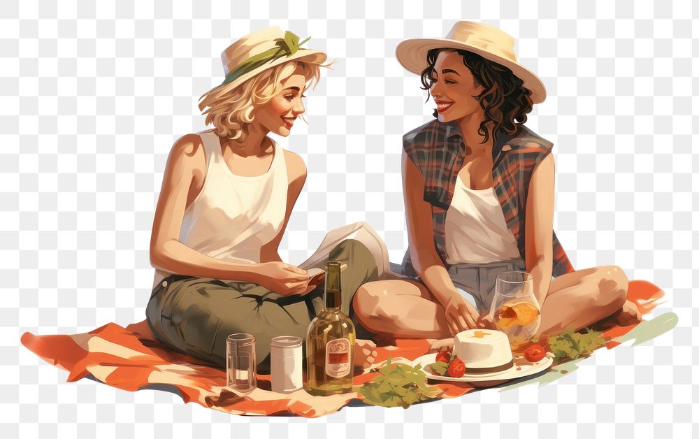PNG Lesbian couple picnic drawing adult fun. AI generated Image by rawpixel.