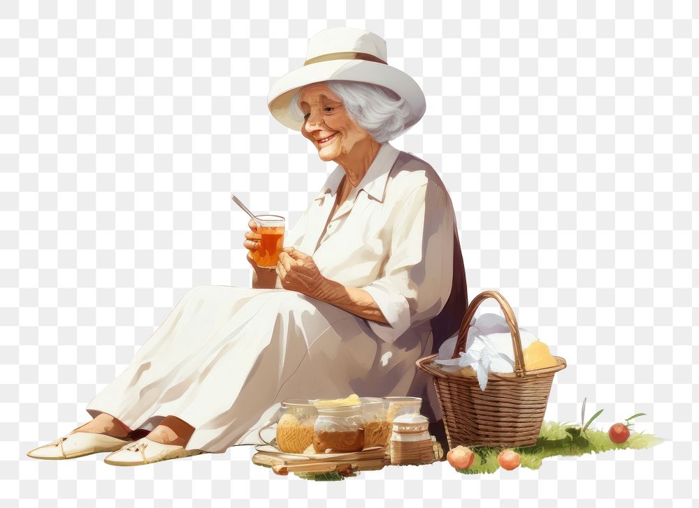 PNG Picnic grandma sitting adult cross-legged. AI generated Image by rawpixel.