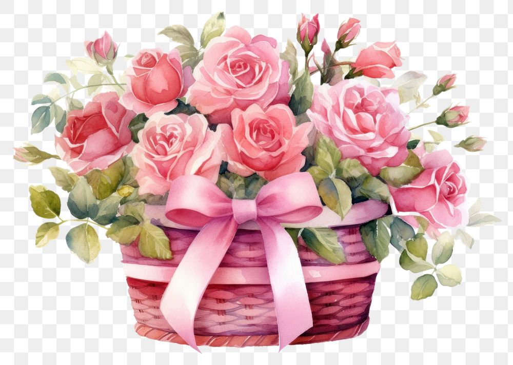 PNG Flower rose basket ribbon petal plant. AI generated Image by rawpixel.
