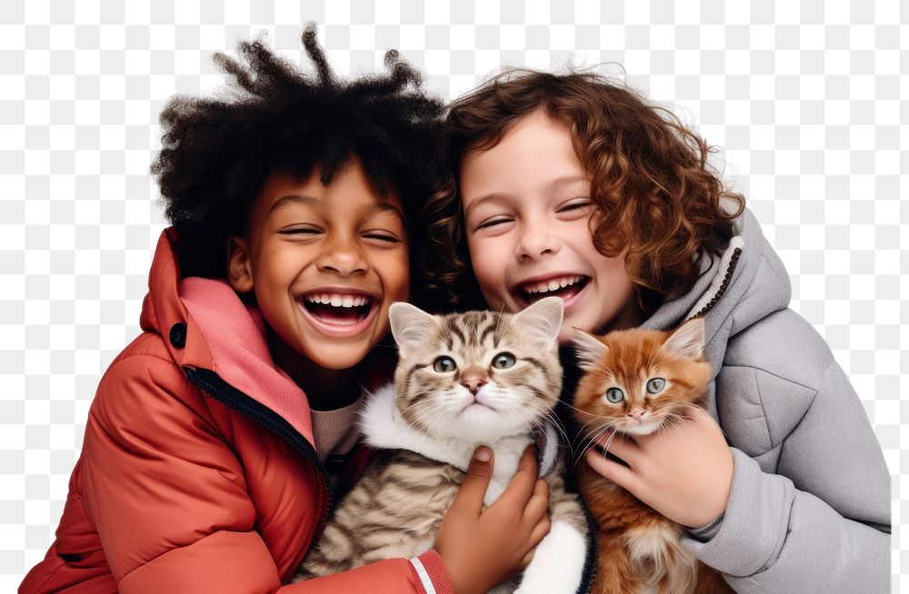 PNG Kids hugging a cat photography laughing portrait. AI generated Image by rawpixel.