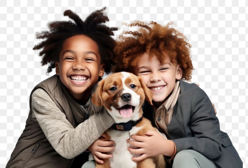 PNG Kids hugging a dog laughing mammal animal. AI generated Image by rawpixel.