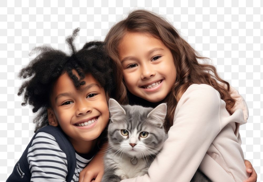 PNG Kids hugging a cat photography portrait mammal. AI generated Image by rawpixel.