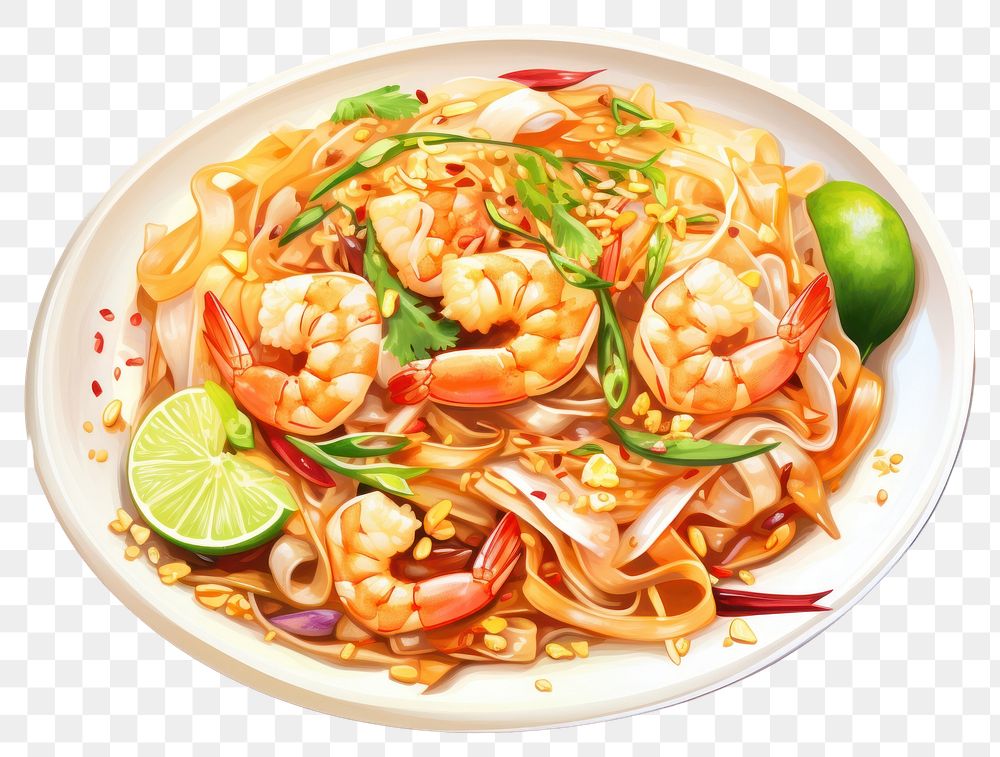 PNG Delicious shrimp pad thai with noodles, lime, and chili. Tasty shrimp, fresh lime, and spicy chili enhance this pad…