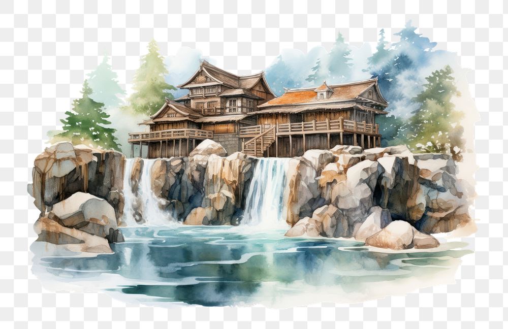 PNG Onsen architecture waterfall building. AI generated Image by rawpixel.