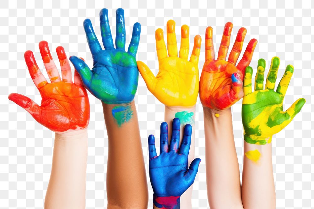 PNG Color painted diversity child hands finger white background togetherness. AI generated Image by rawpixel.
