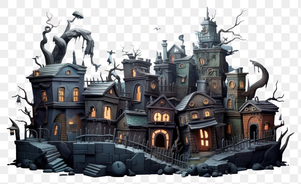 PNG Haunted city architecture building cartoon. AI generated Image by rawpixel.