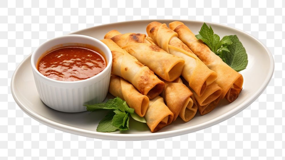 PNG Springrolls ketchup plate food. AI generated Image by rawpixel.