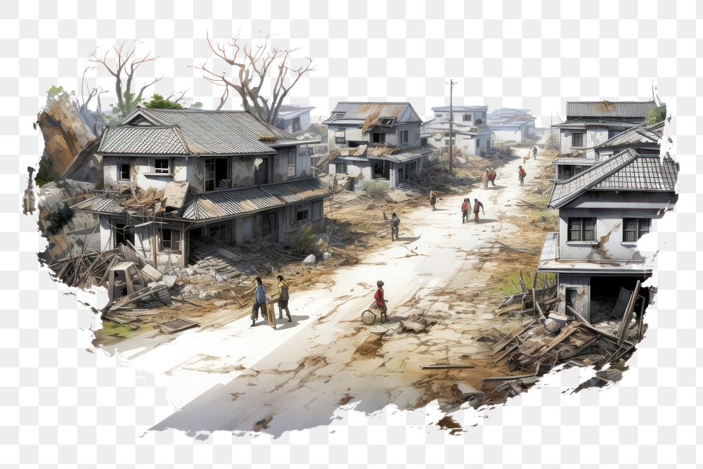 PNG Earthquake village outdoors drawing. AI generated Image by rawpixel.