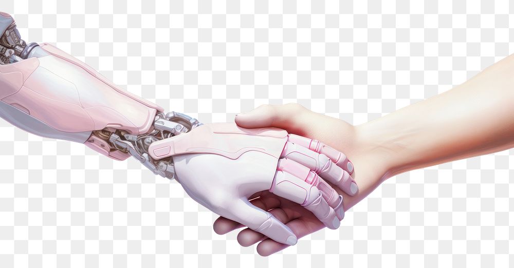 PNG Robot hand holding human hand electronics agreement handshake. AI generated Image by rawpixel.