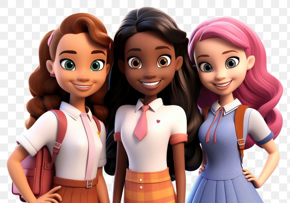 PNG  Multiracial happy schoolgirls portrait cartoon doll. AI generated Image by rawpixel.