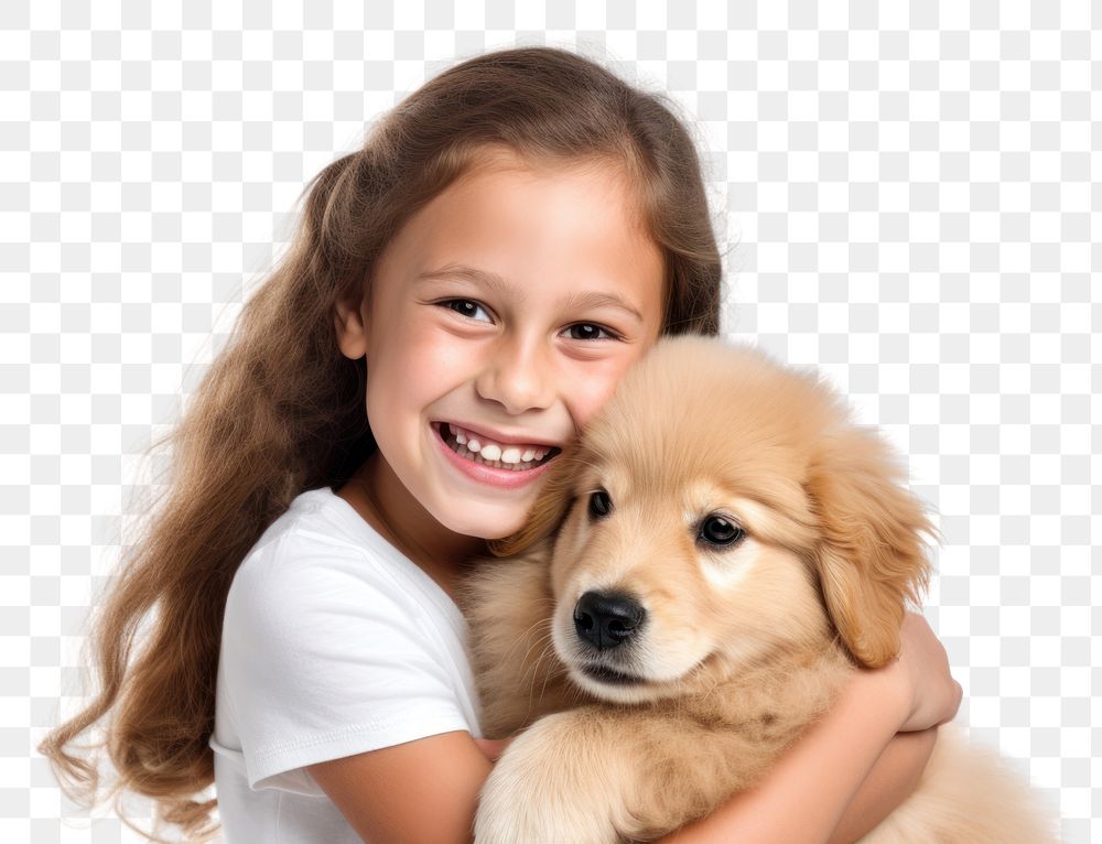 PNG Childen hugging puppy dog portrait mammal animal. 