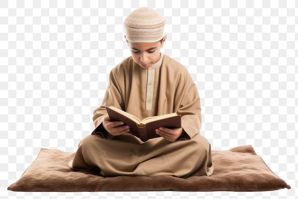 PNG Reading quran sitting white background cross-legged