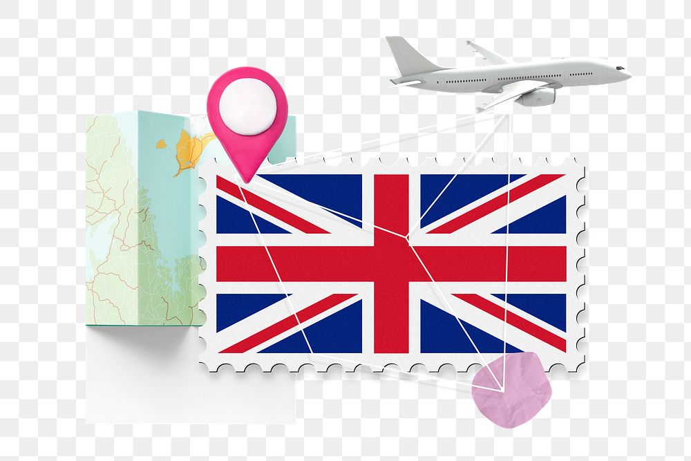 PNG UK travel, stamp tourism collage illustration, transparent background