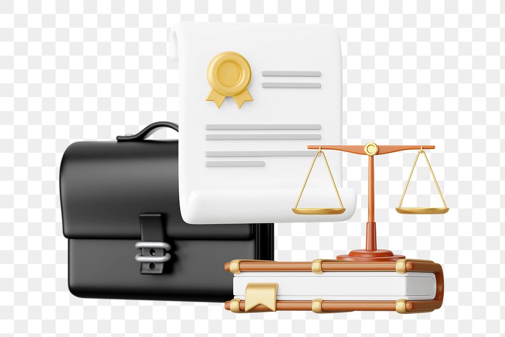 Law firm accreditation png, 3D justice scale and document remix, transparent background