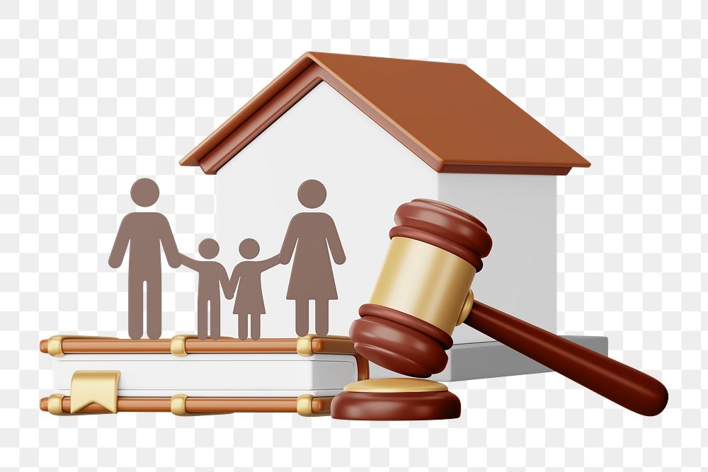 Family lawyer png remix, 3D gavel and home illustration, transparent background