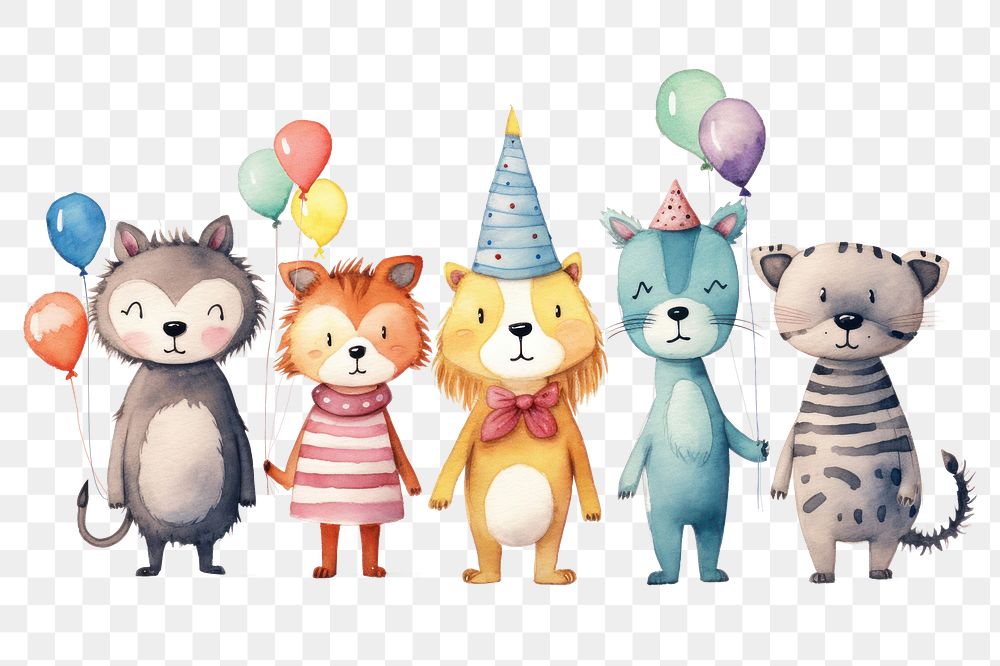PNG Birthday party animal cartoon, watercolor illustration, transparent background
