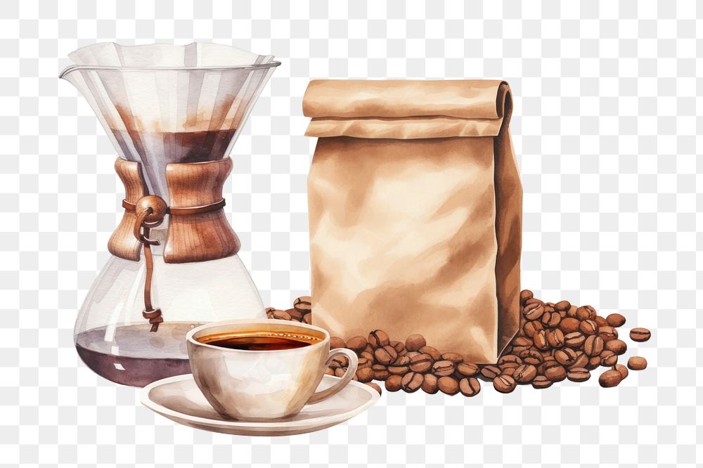 PNG Coffee set, watercolor illustration, transparent background