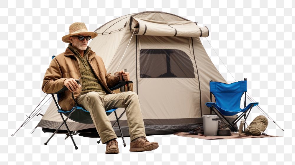 PNG Elder man sitting camping chair. 