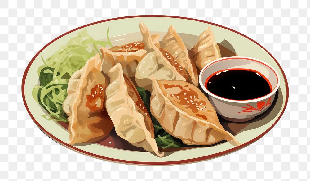 PNG Japanese gyoza dumpling lunch plate. 