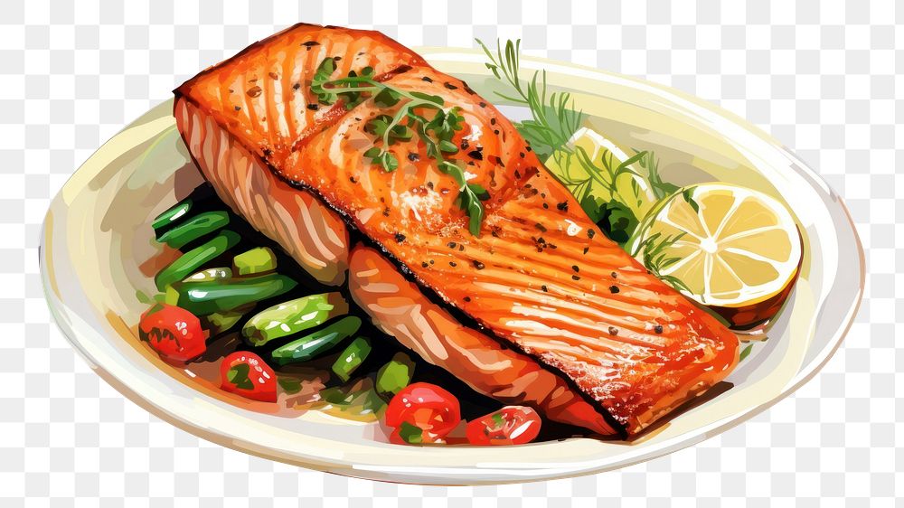 PNG Salmon plate food vegetable. AI generated Image by rawpixel.