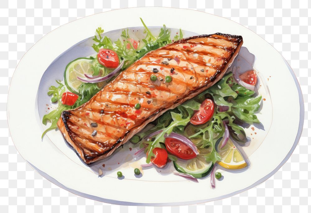 PNG  Salmon plate food vegetable. AI generated Image by rawpixel.