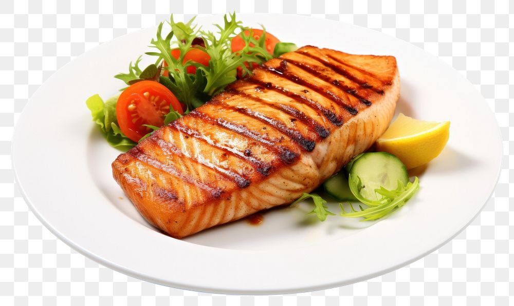 PNG  Salmon plate food vegetable. AI generated Image by rawpixel.