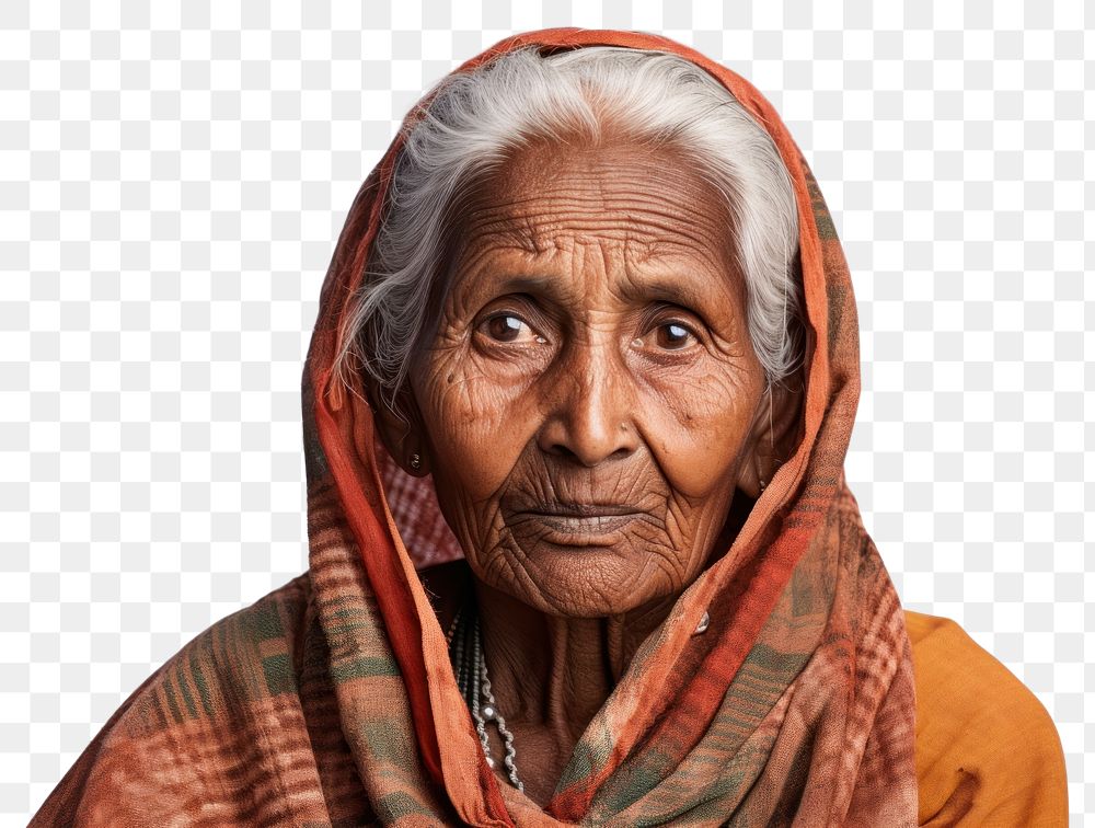 PNG Senior indian woman retirement headscarf portrait. AI generated Image by rawpixel.