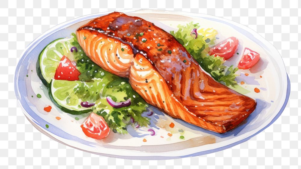 PNG Salmon plate food vegetable. AI generated Image by rawpixel.