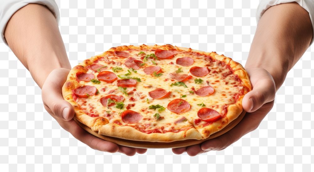 PNG Hands holding pizza food white background pepperoni. 