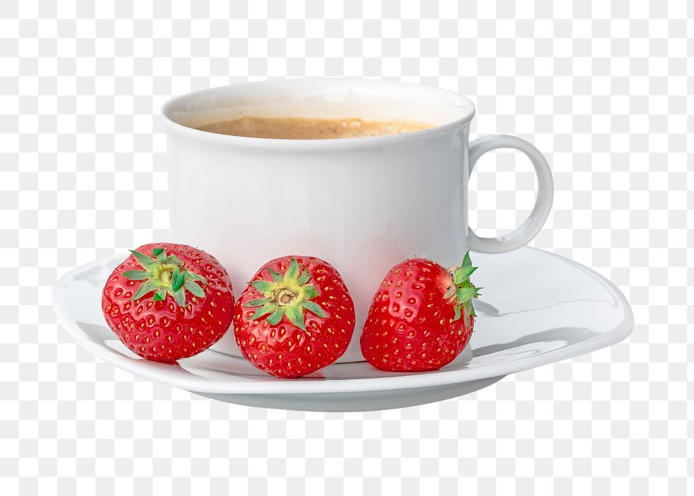 Coffee and strawberries png, transparent background