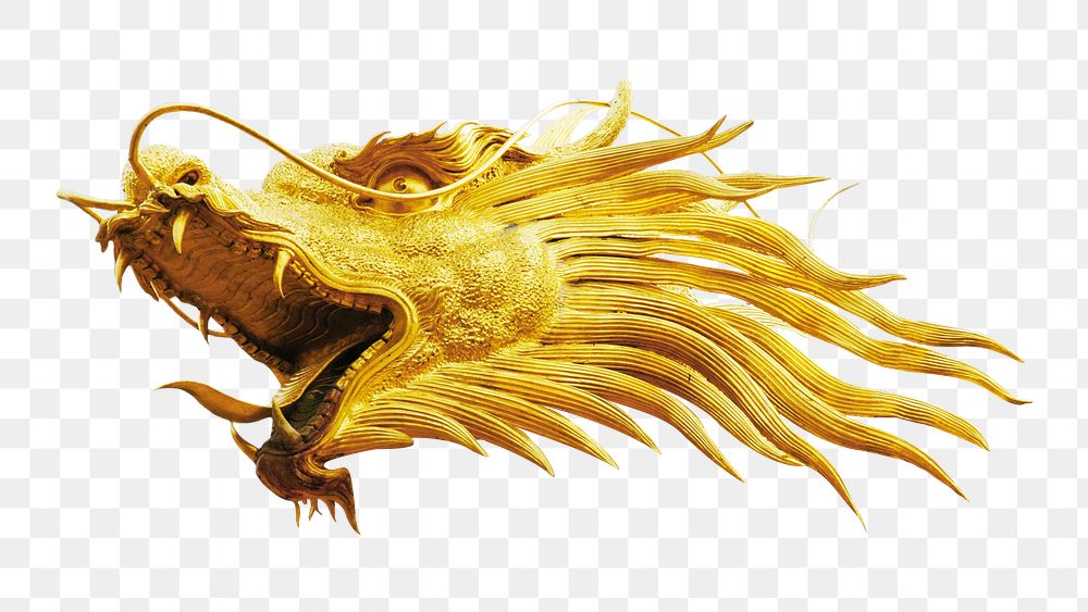 Gold dragon statue png, transparent background