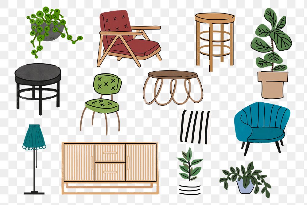 Furniture & plant png sticker set, aesthetic doodle, transparent background