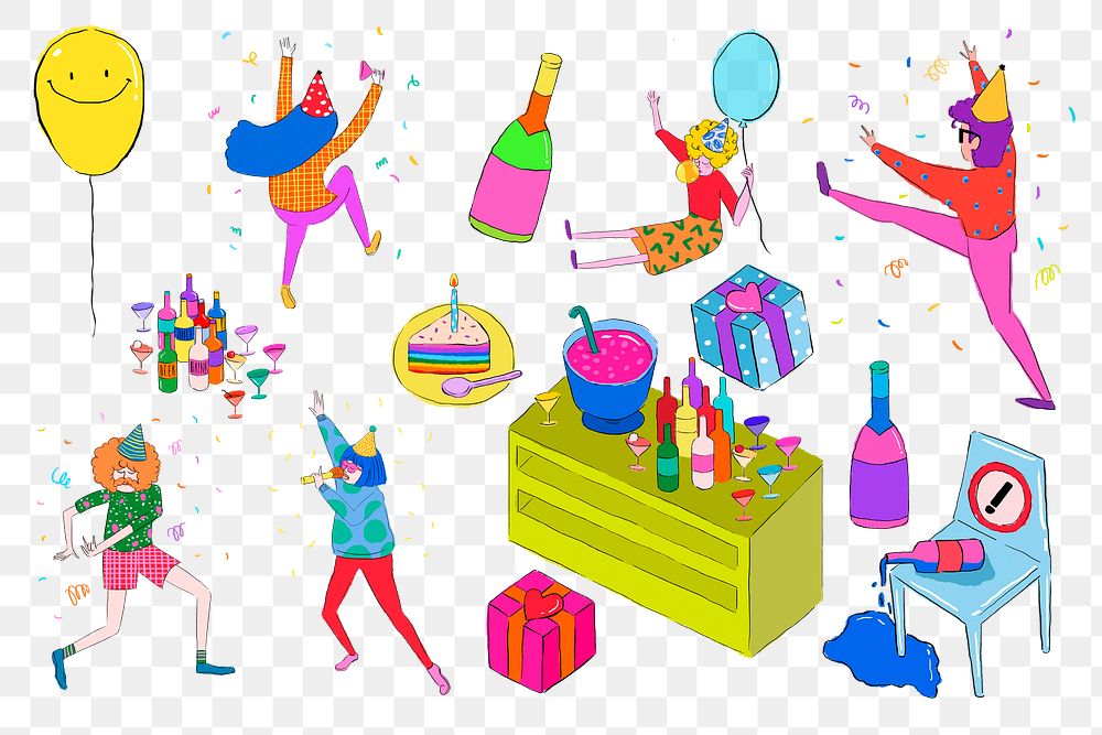 Birthday party people png sticker illustration set, transparent background
