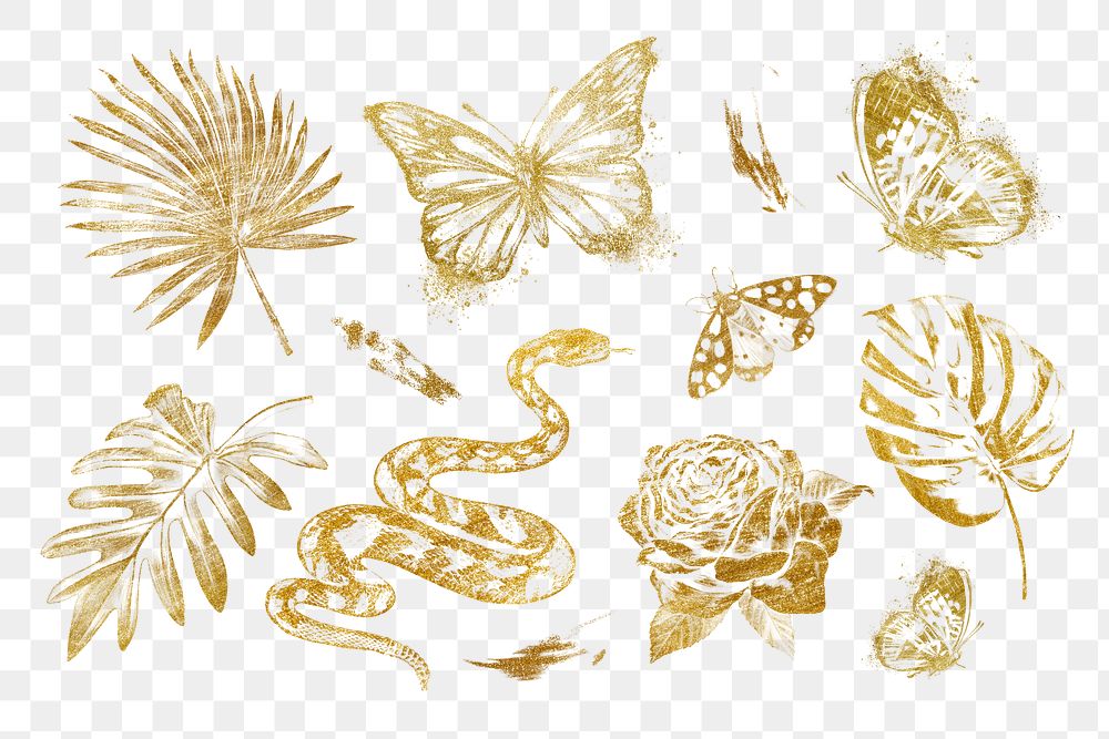 Gold leaf png sticker, animal, botanical set on transparent background
