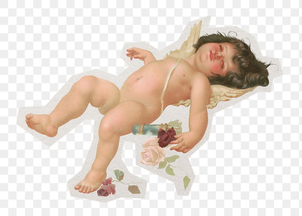 Sleepy cherub png sticker, paper cut on transparent background. Remixed by rawpixel.