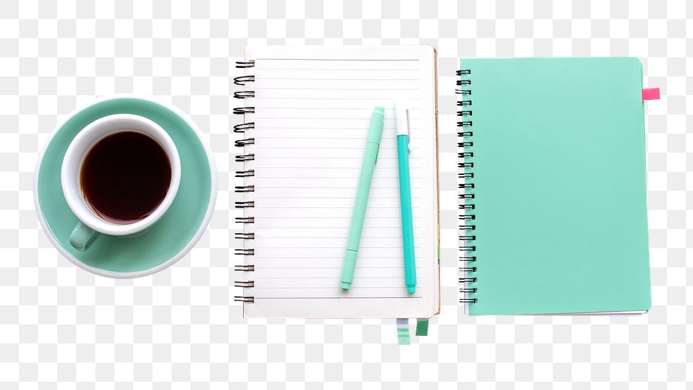 Notebook and coffee png, transparent background