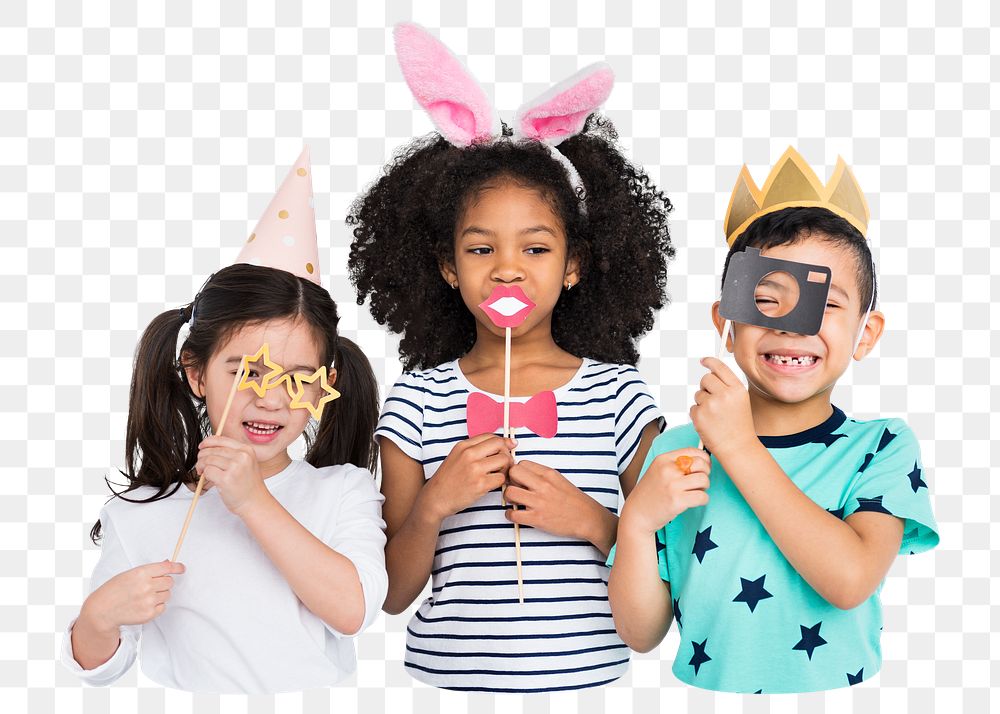 Png kids playing with props sticker, transparent background