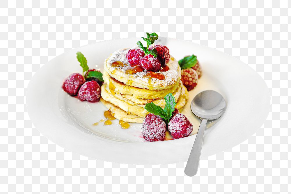 Pancake with raspberry png sticker, transparent background