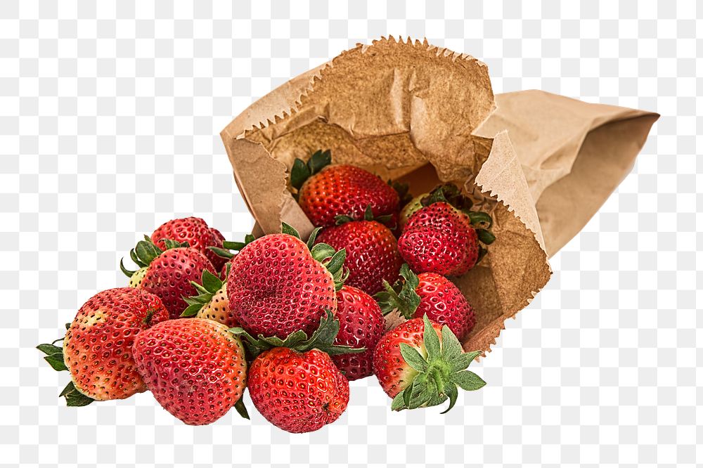 Strawberries in paper bag png sticker, transparent background