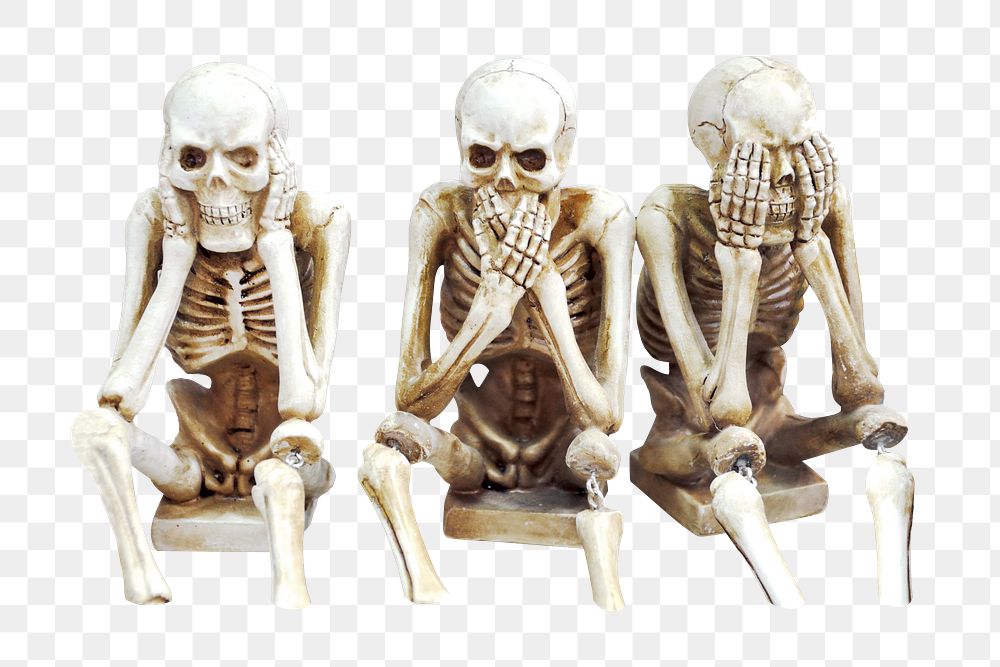 Png three skeletons sitting sticker, transparent background