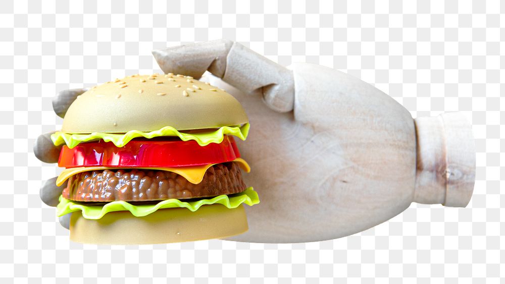 Png robot hand holding hamburger sticker, transparent background