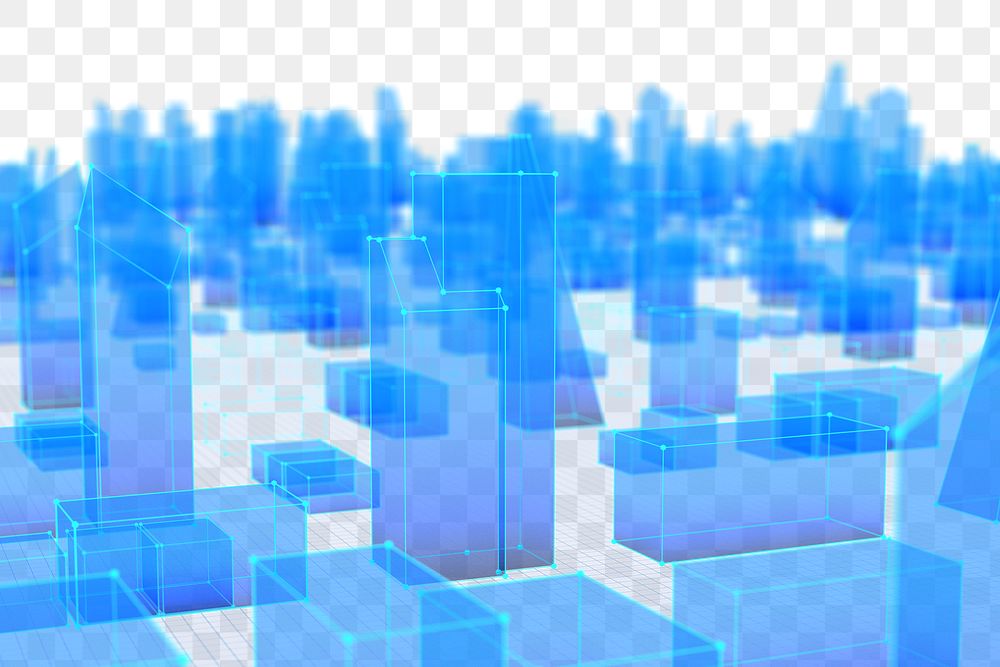Blue wireframe png 3D buildings, transparent background