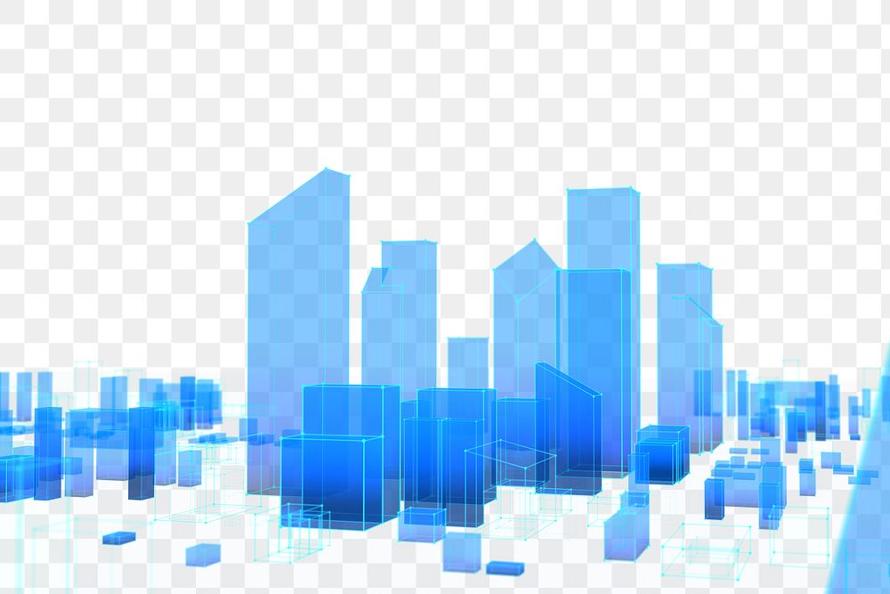 Blue wireframe png 3D buildings, transparent background